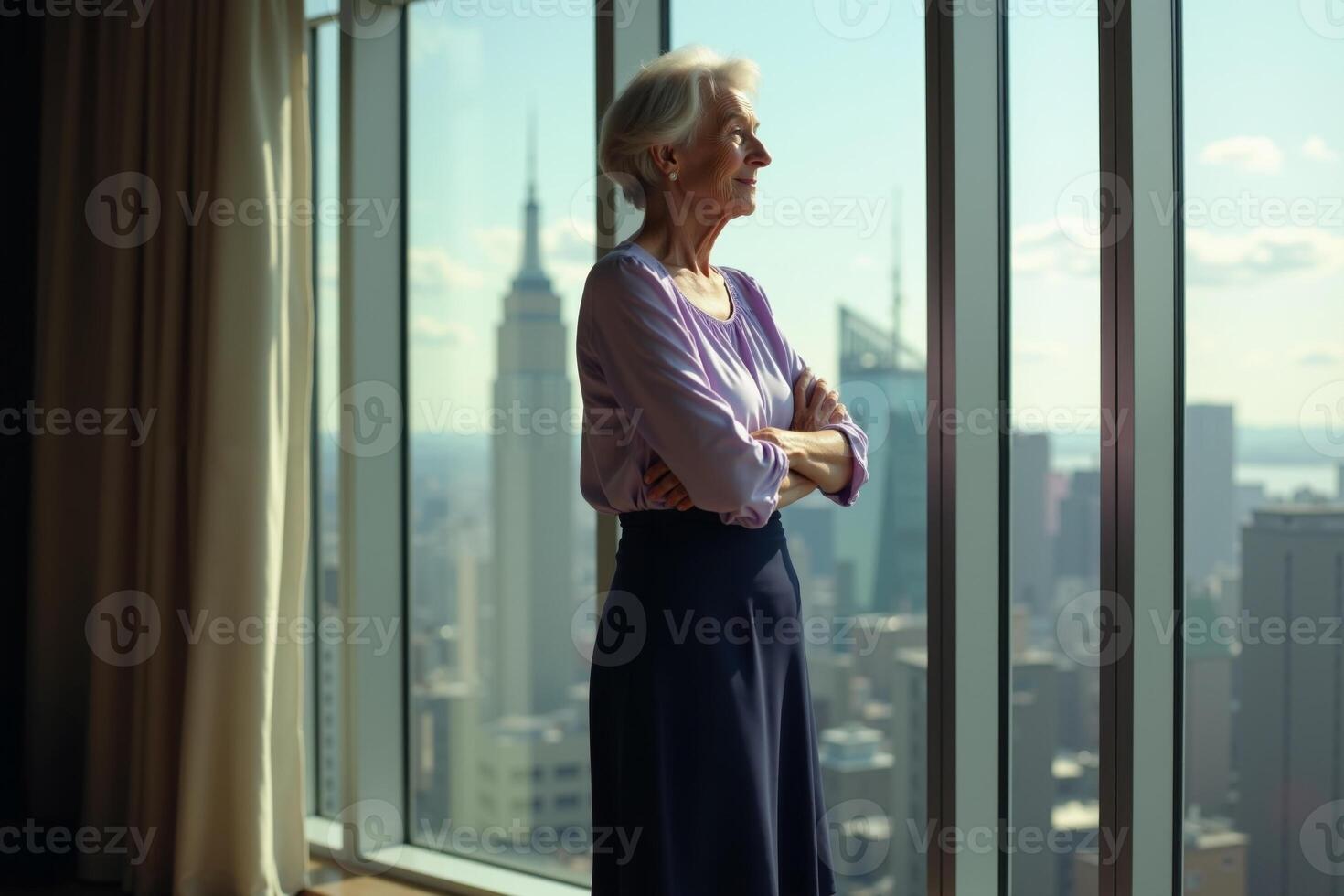 person executive standing and thinking with building tower in background at the office photo