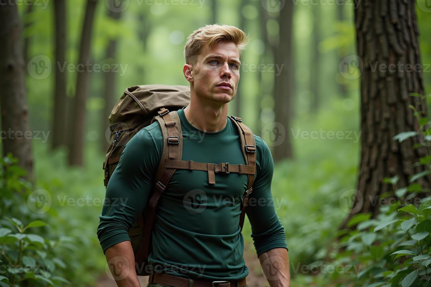 person traveler standing at the deep jungle tree photo