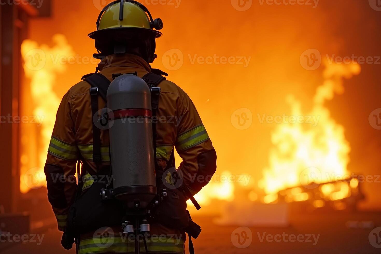 fireman with protective outfit and hose working at fire event photo