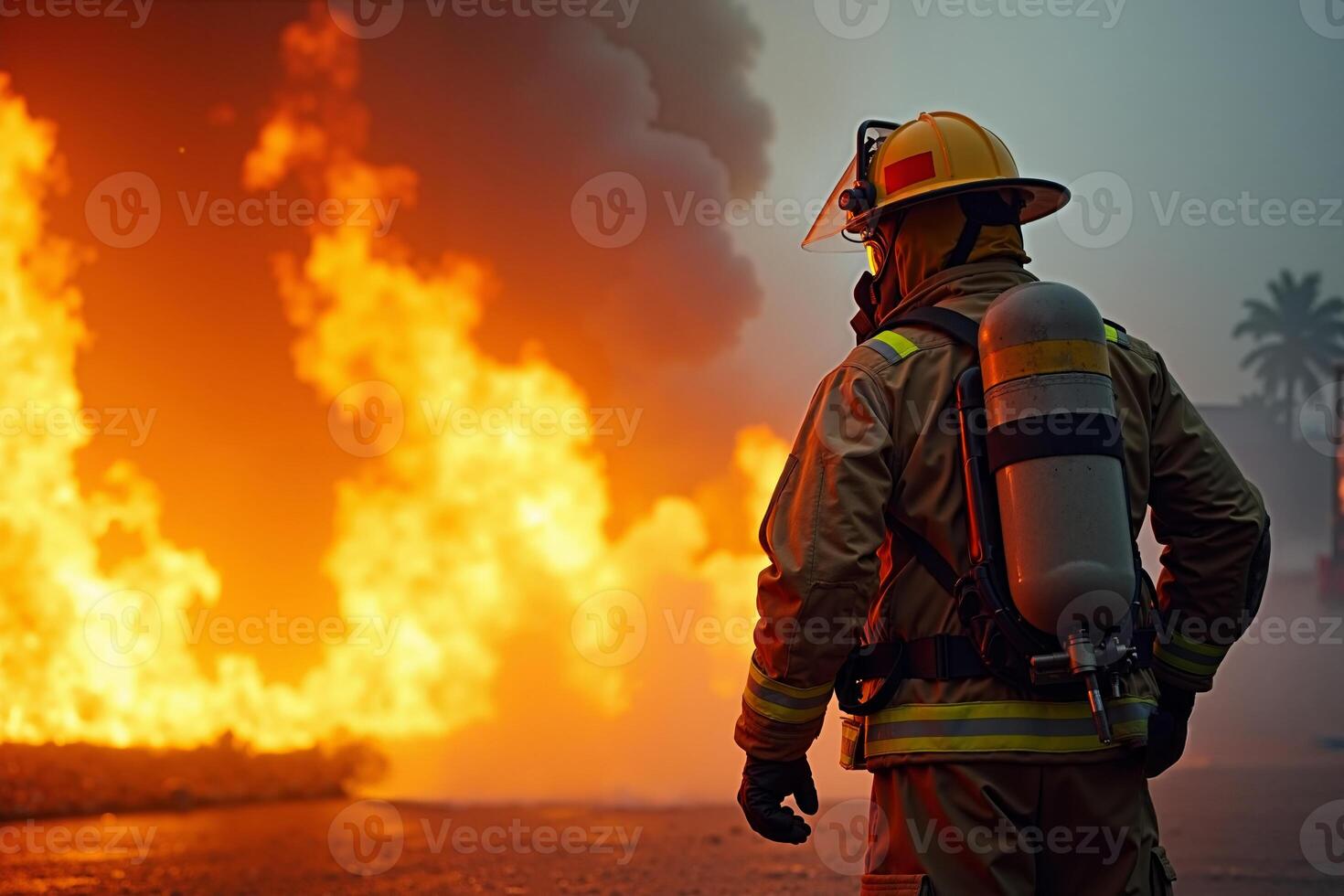 fireman with protective outfit and hose working at fire event photo