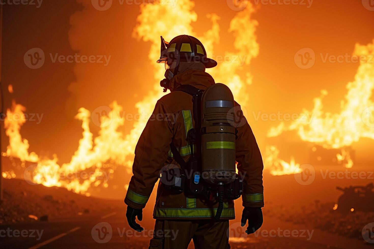 fireman with protective outfit and hose working at fire event photo