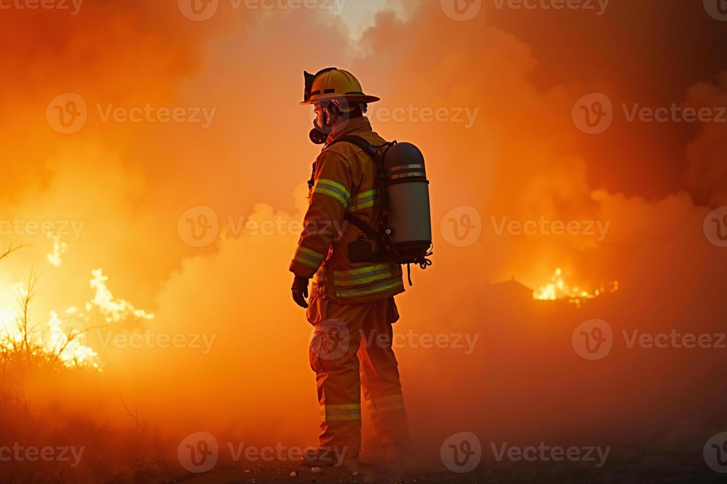 fireman with protective outfit and hose working at fire event photo