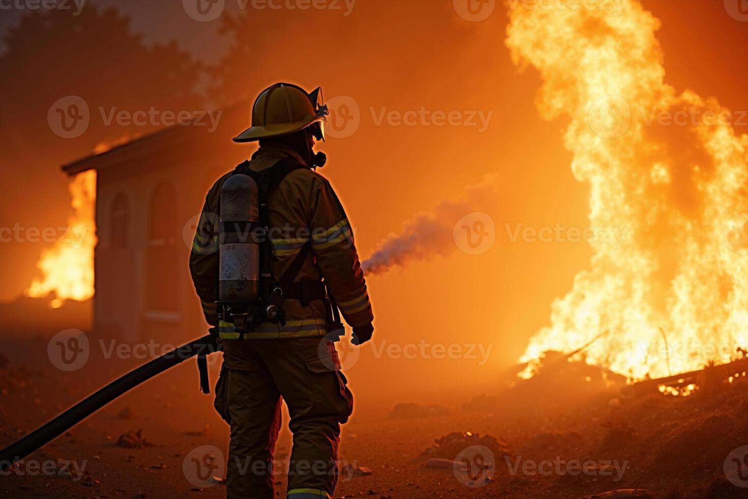 fireman with protective outfit and hose working at fire event photo