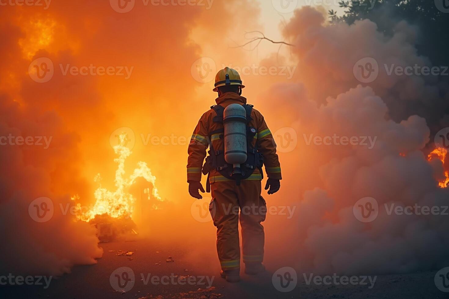 fireman with protective outfit and hose working at fire event photo