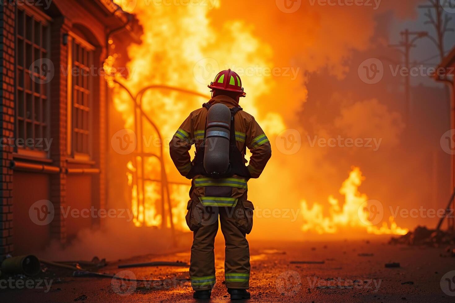 fireman with protective outfit and hose working at fire event photo