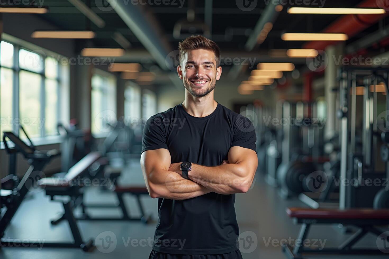 person professional body trainer smile and standing at gym photo