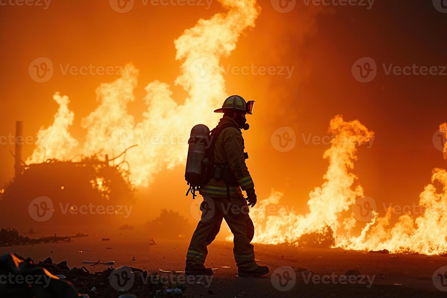 fireman with protective outfit and hose working at fire event photo