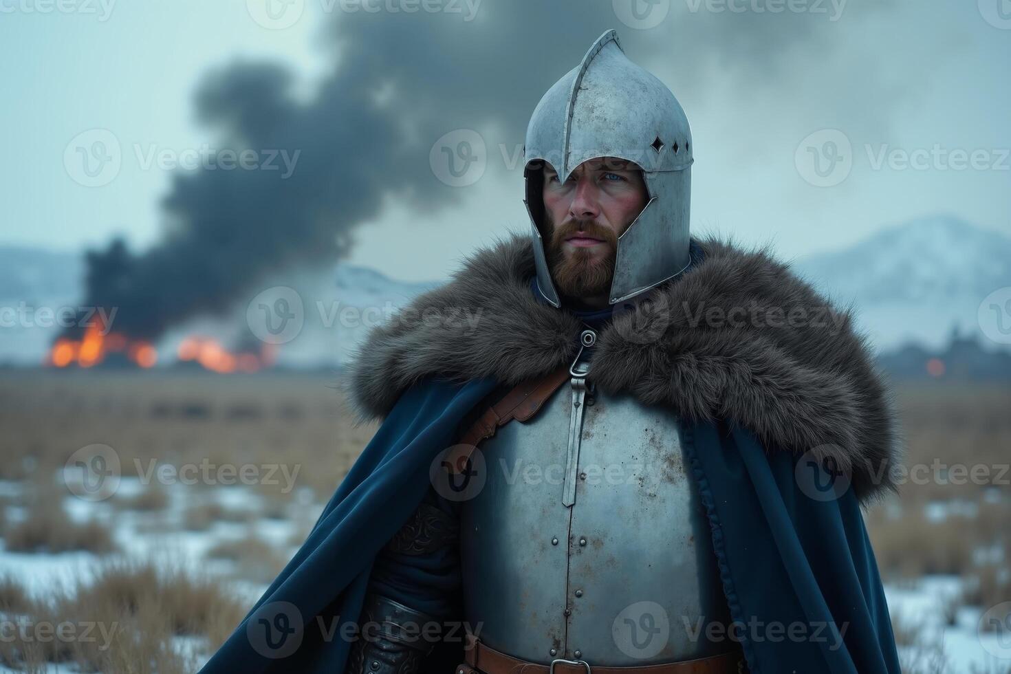 portrait view of full armor knight in medieval era history, photo