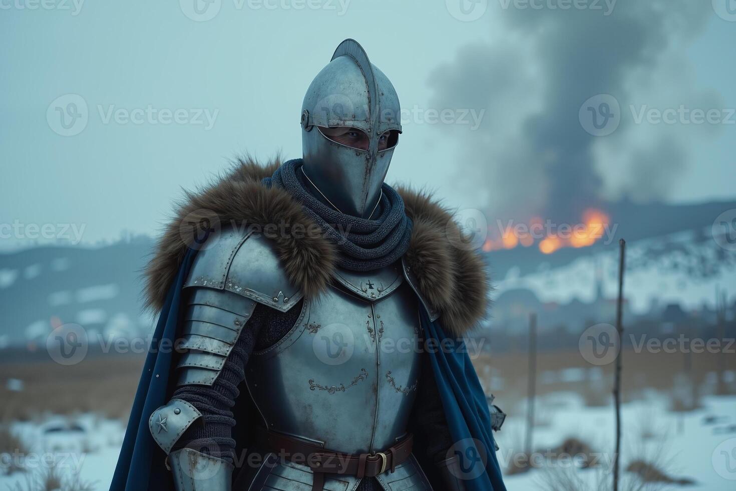 portrait view of full armor knight in medieval era history, photo
