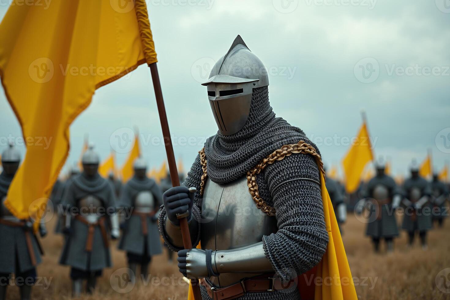 portrait view of full armor knight in medieval era history, photo