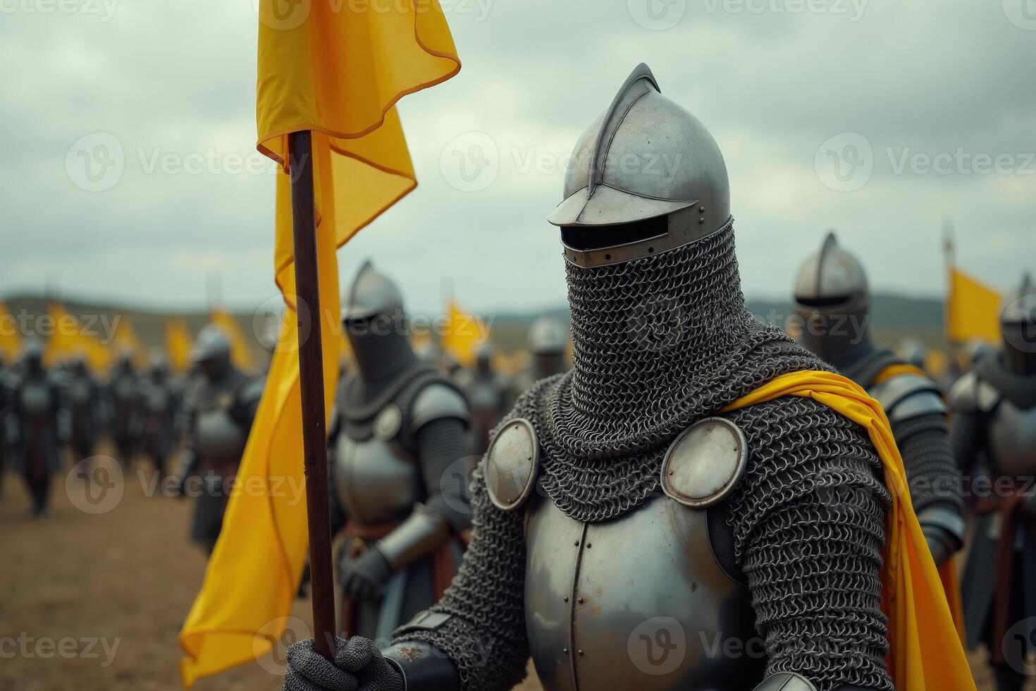 portrait view of full armor knight in medieval era history, photo