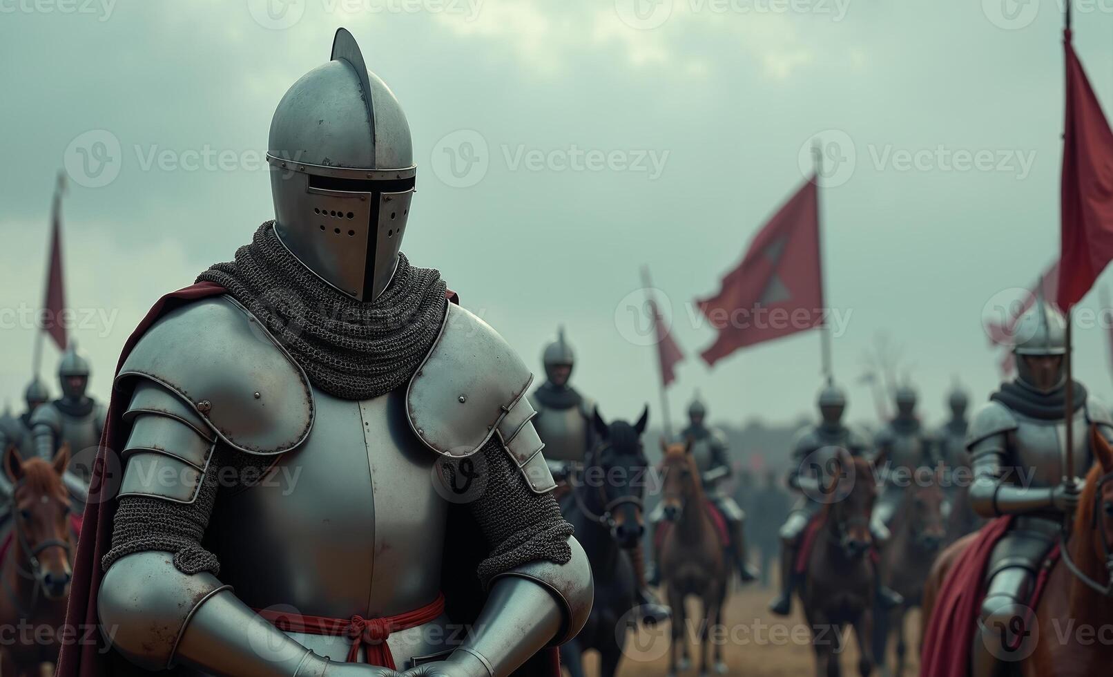 portrait view of full armor knight in medieval era history, photo
