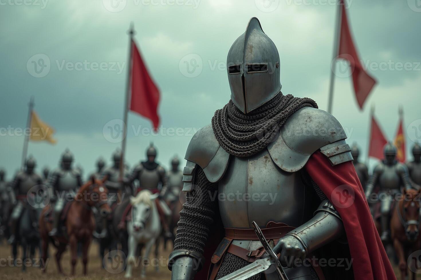 portrait view of full armor knight in medieval era history, photo