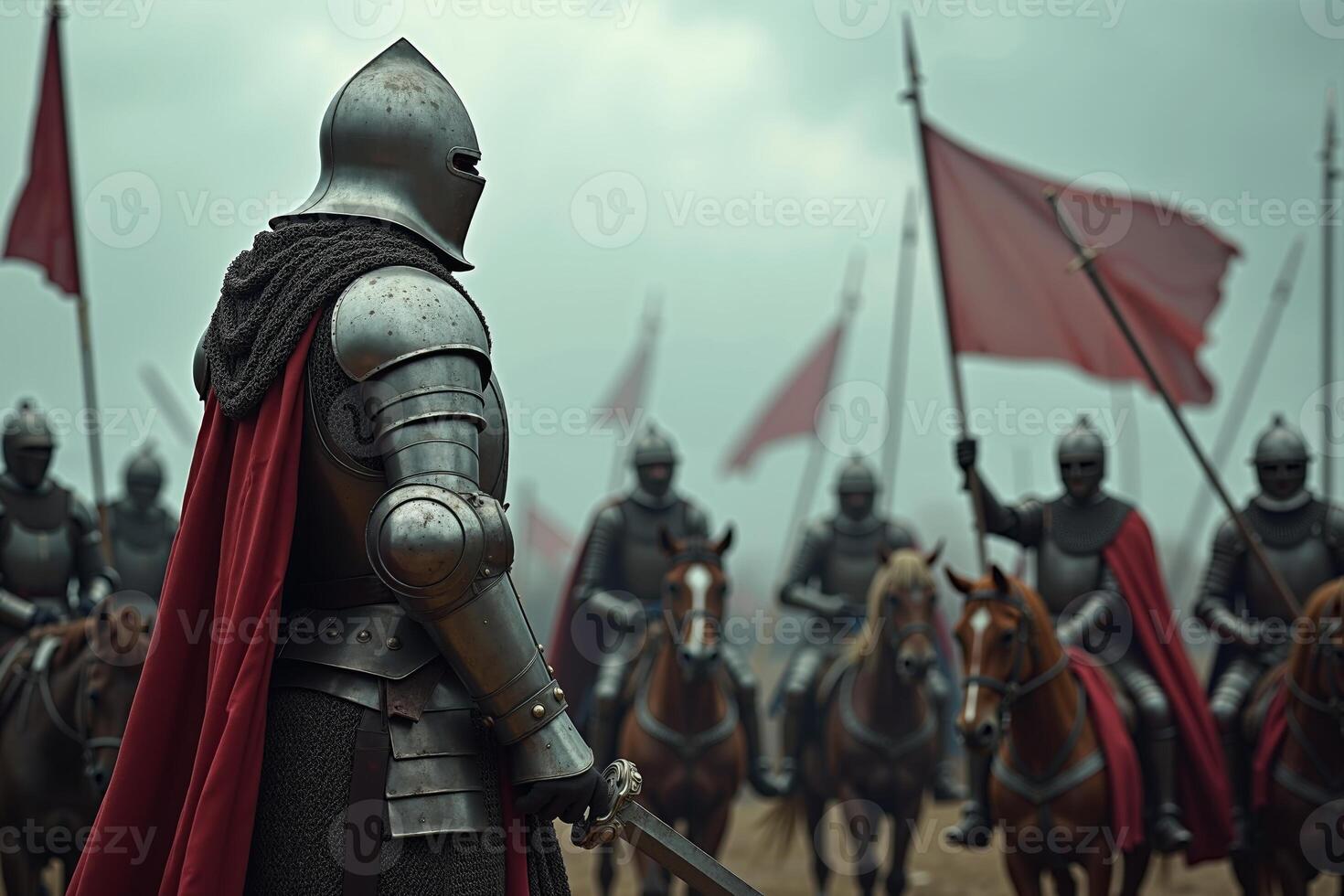 portrait view of full armor knight in medieval era history, photo
