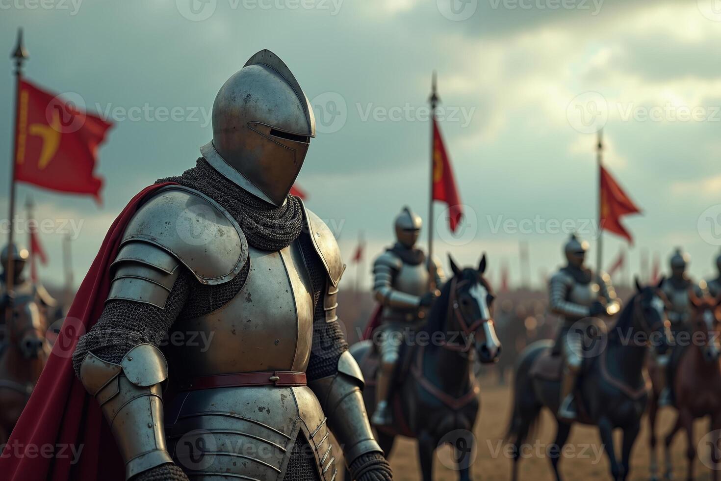 portrait view of full armor knight in medieval era history, photo