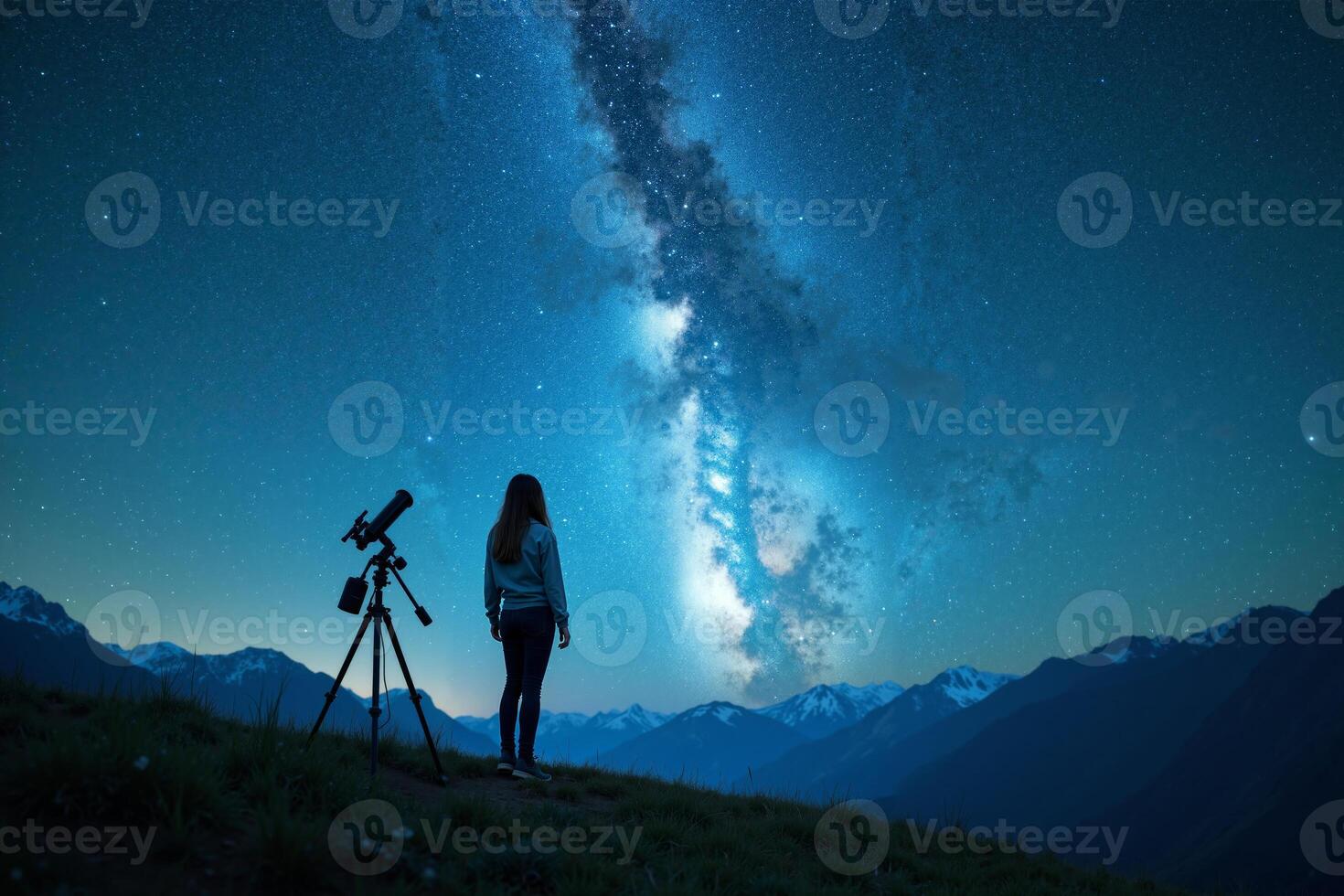 photographer person standing and shoot star galaxy at night in mountain , photo