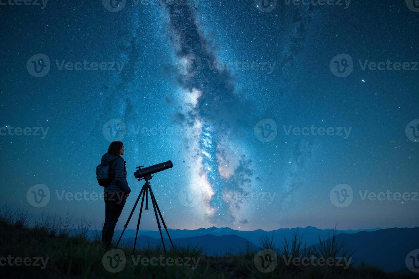 photographer person standing and shoot star galaxy at night in mountain , photo