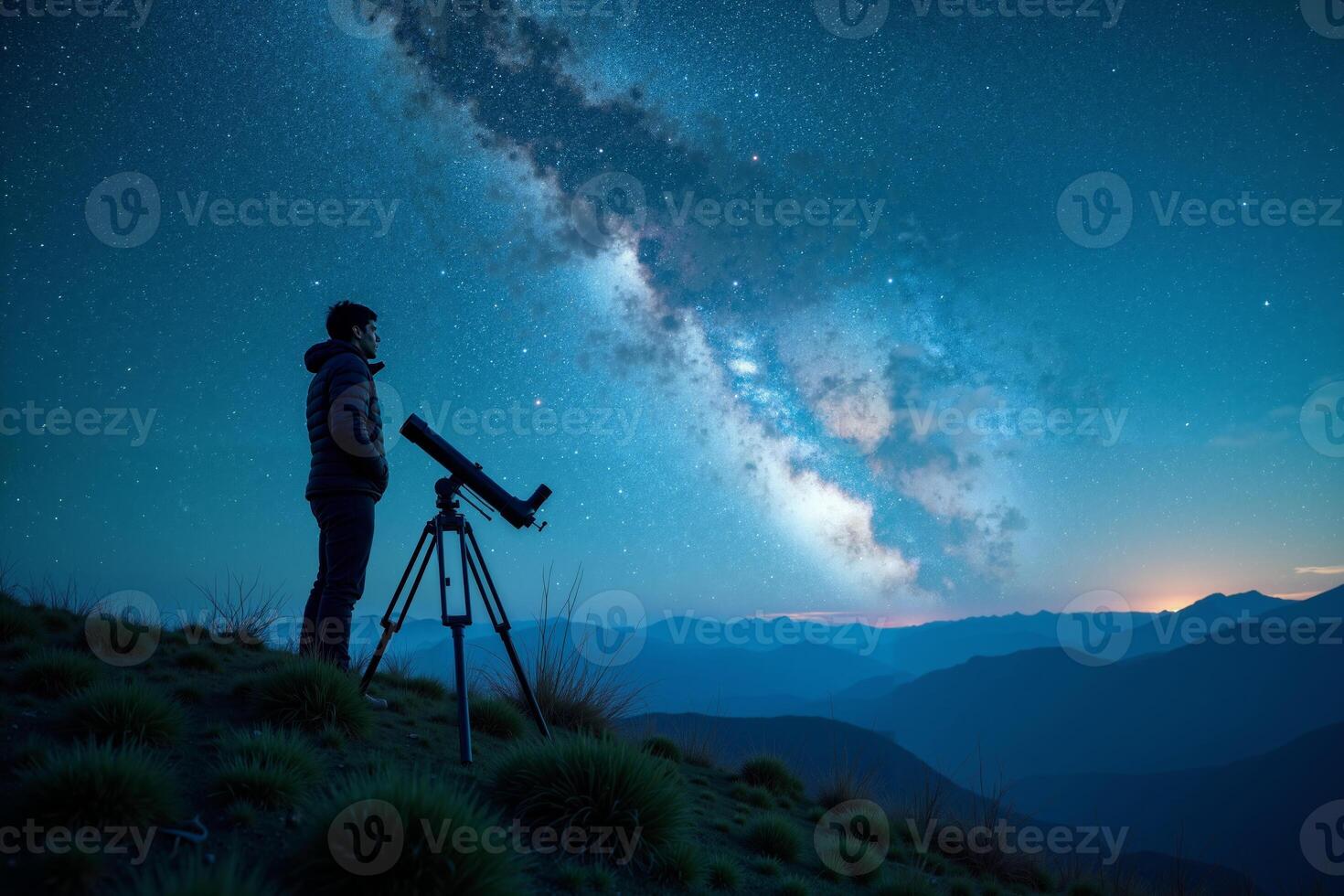 photographer person standing and shoot star galaxy at night in mountain , photo