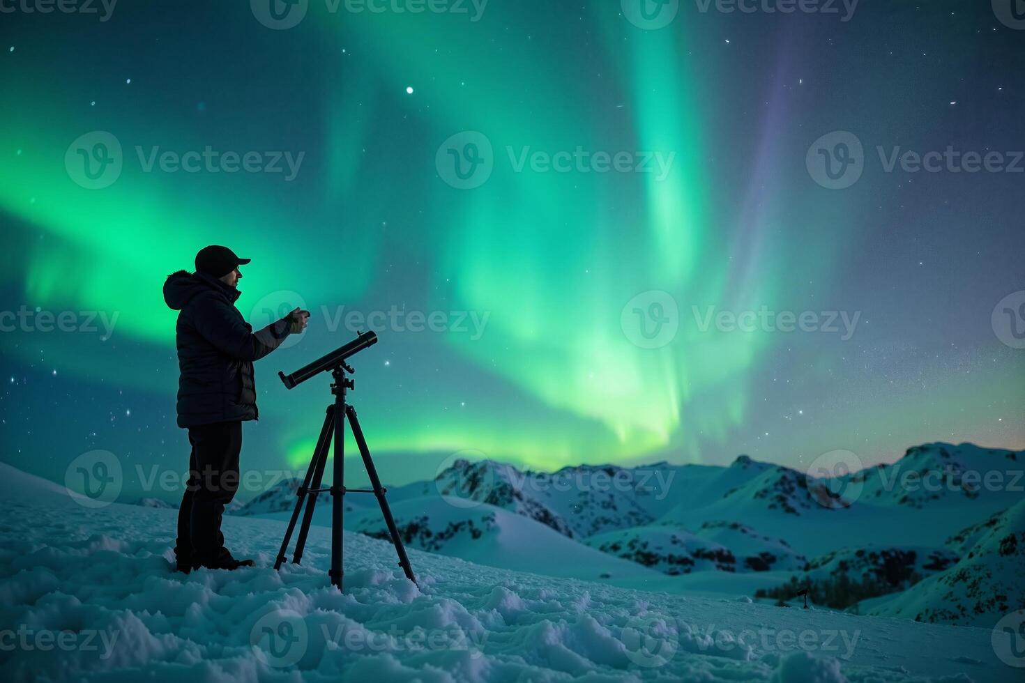 photographer person standing and shoot star galaxy and aurora at night in north pole , photo