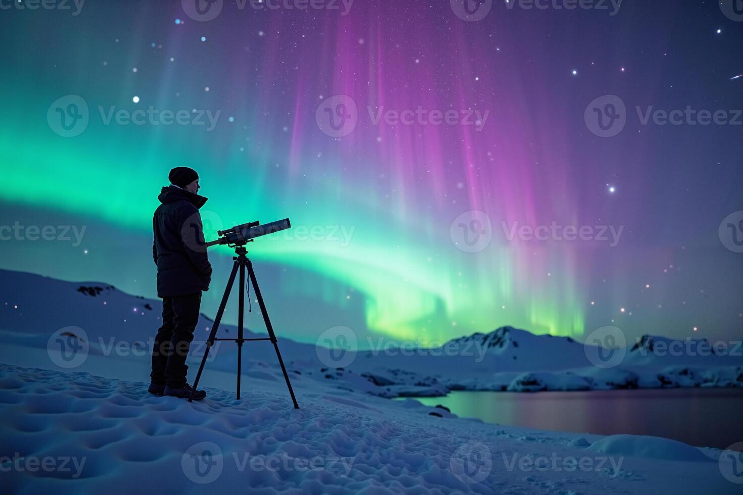 photographer person standing and shoot star galaxy and aurora at night in north pole , photo
