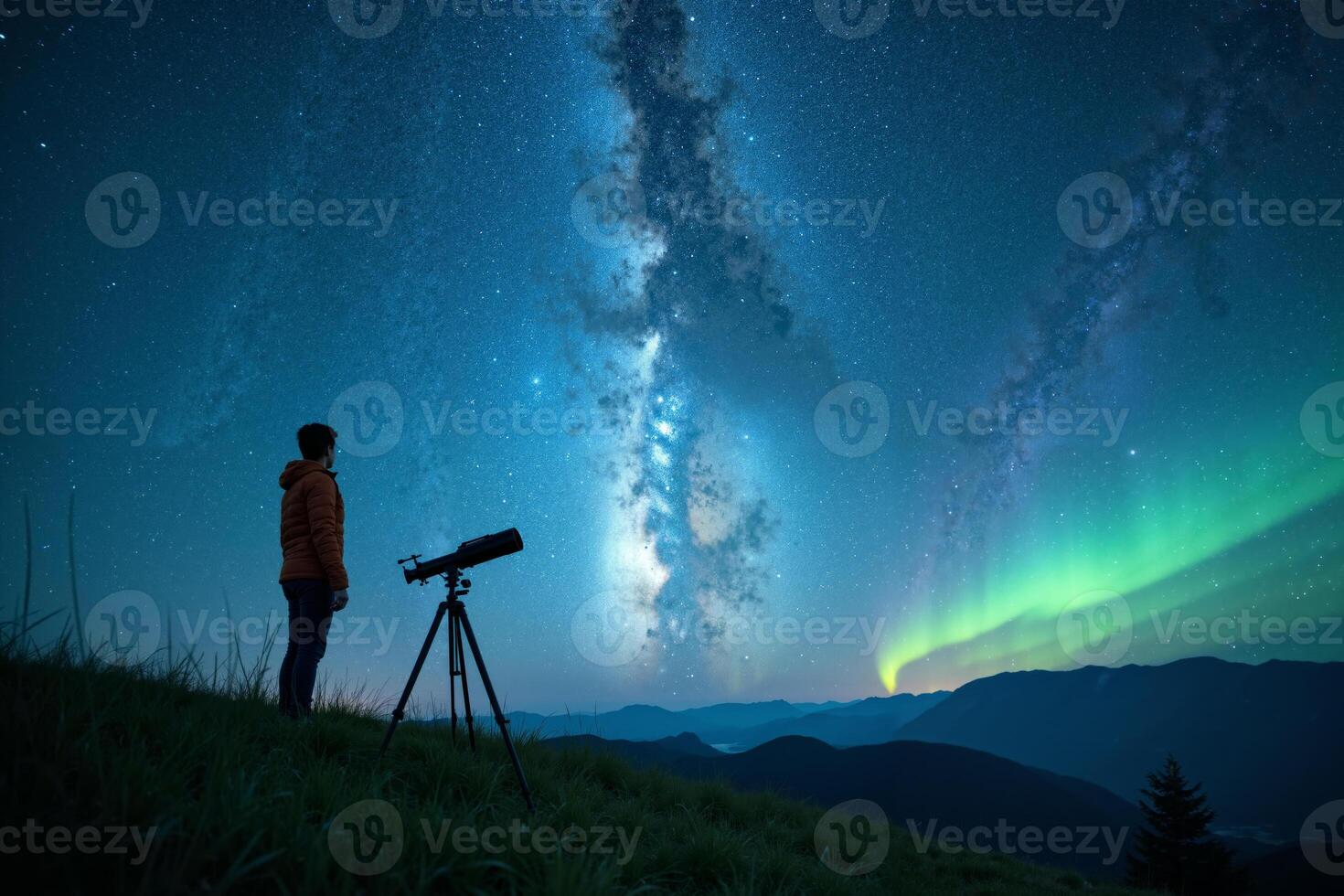 photographer person standing and shoot star galaxy at night in mountain , photo