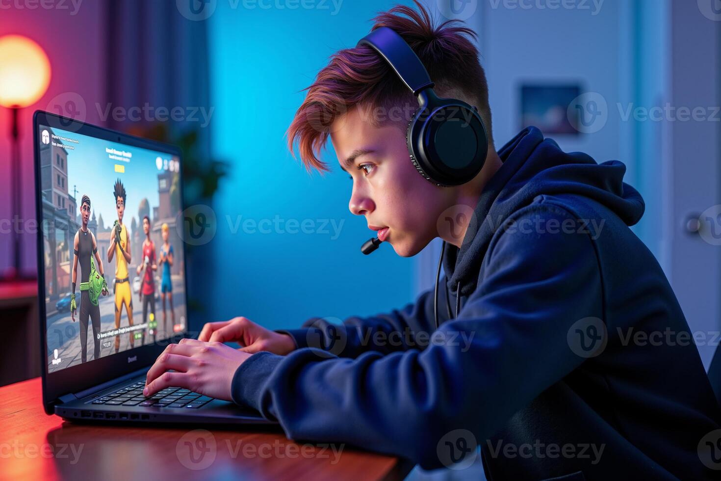 teen and young person addict playing a game computer at house, photo