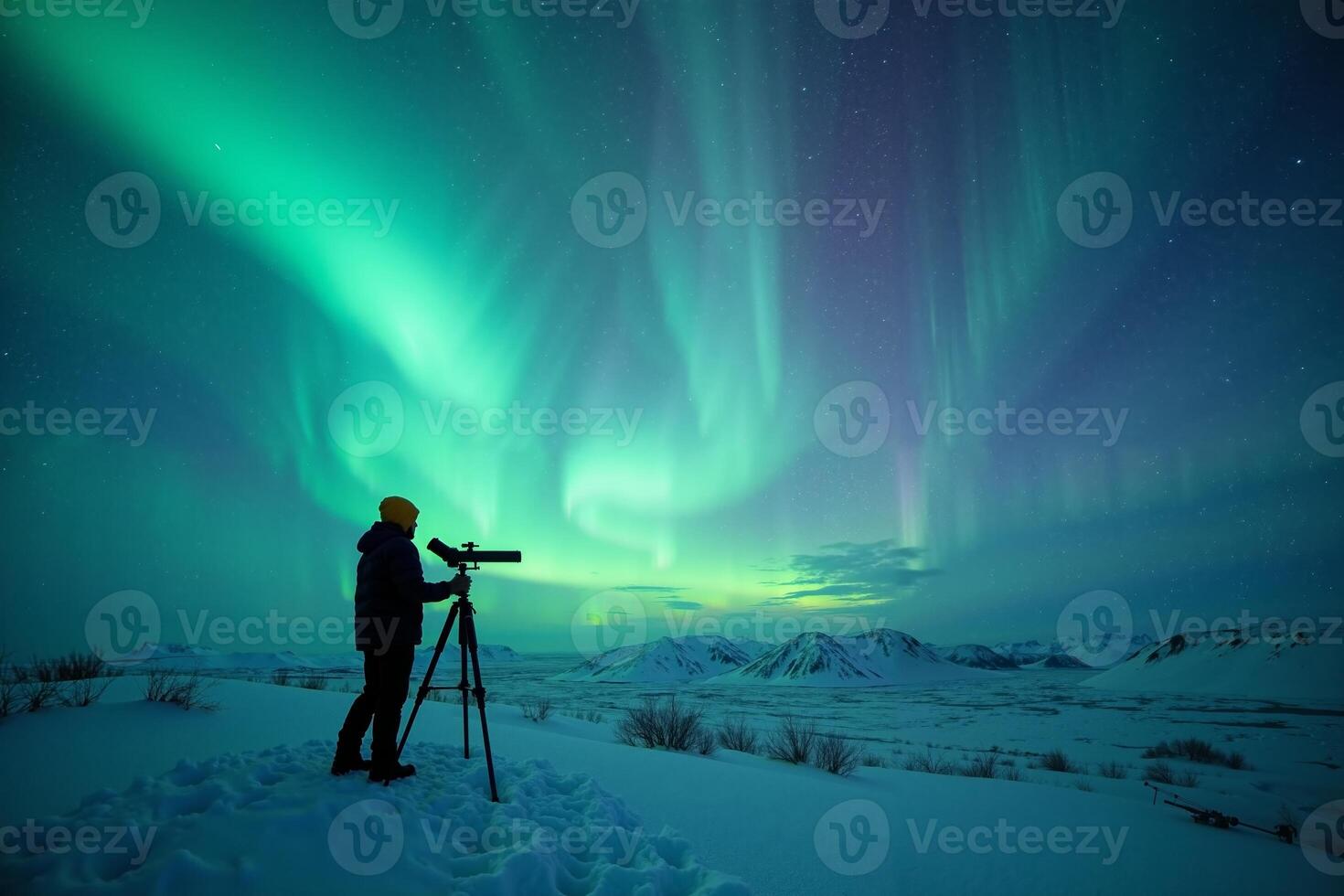 photographer person standing and shoot star galaxy and aurora at night in north pole , photo