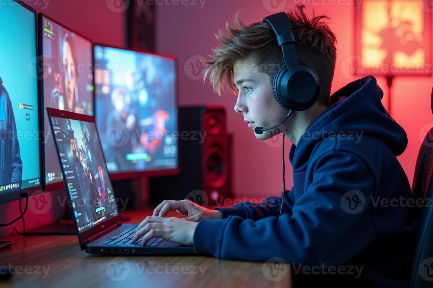 teen and young person addict playing a game computer at house, photo