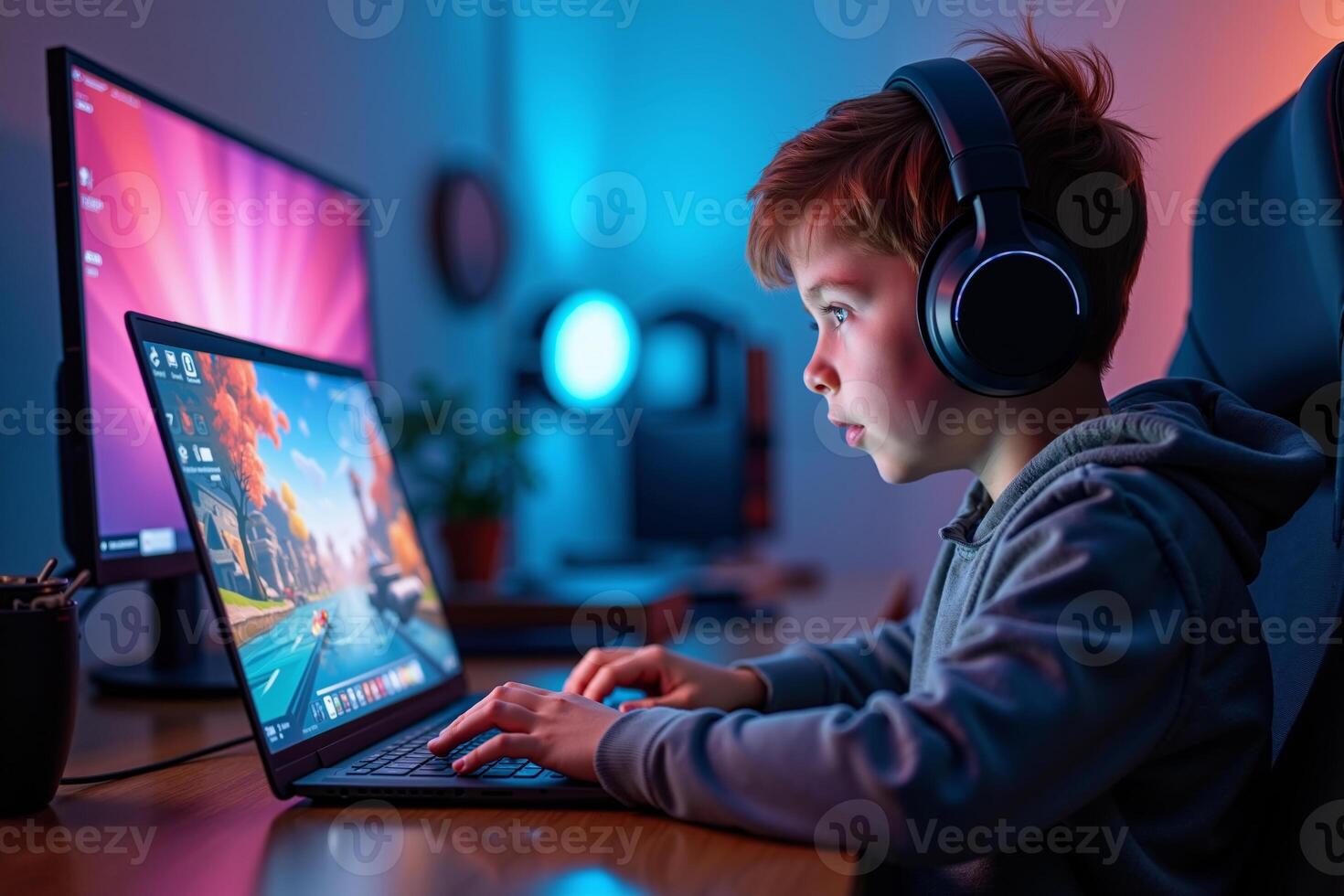 teen and young person addict playing a game computer at house, photo