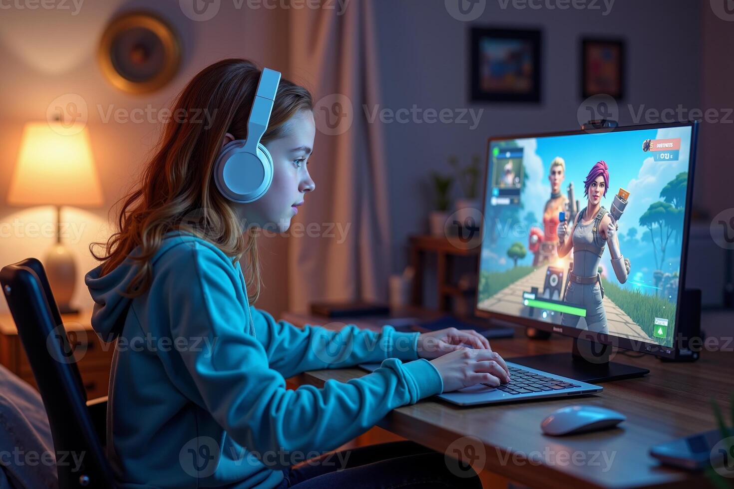 teen and young person addict playing a game computer at house, photo