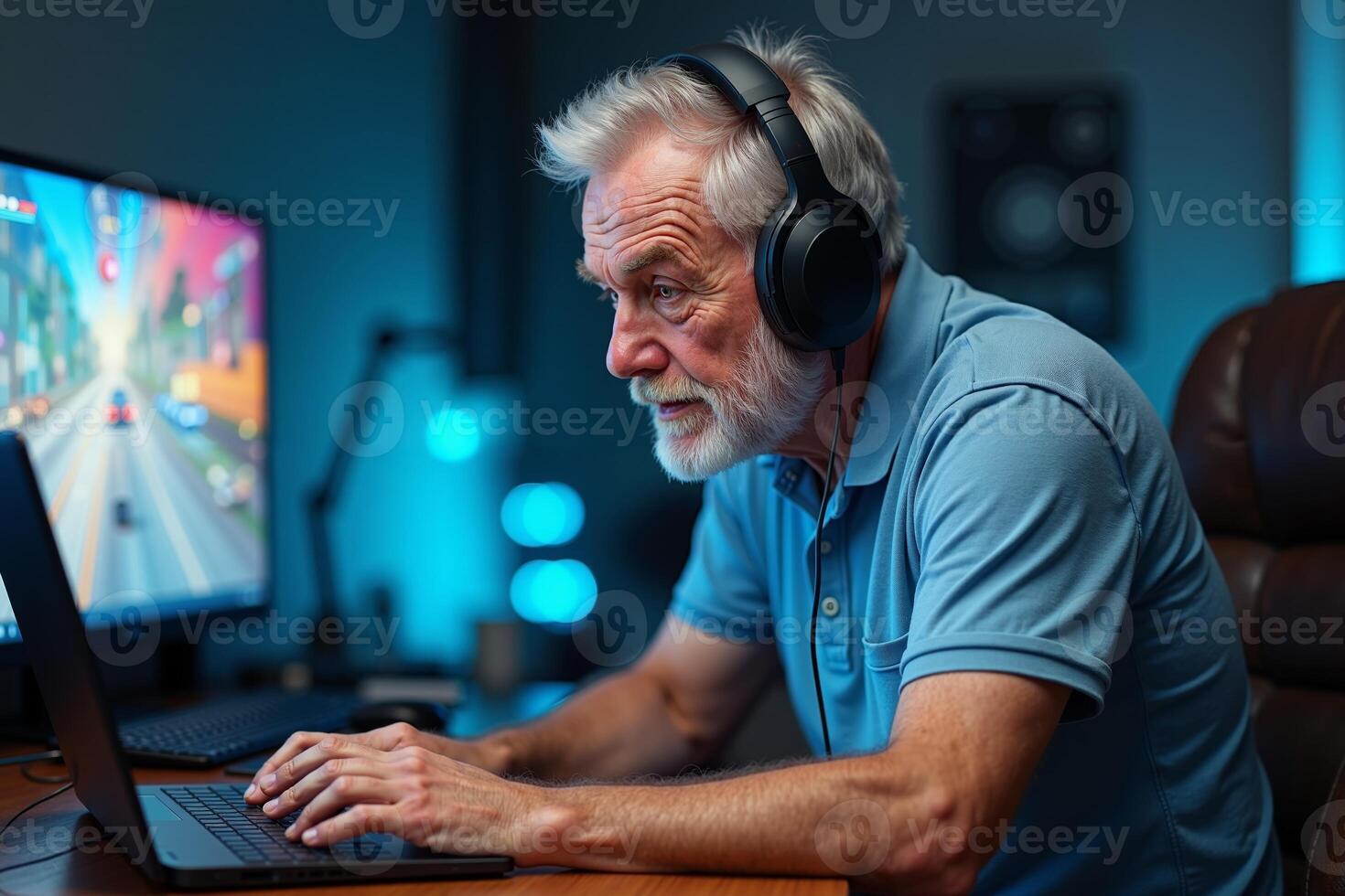 elder person addict playing a game computer at house, photo