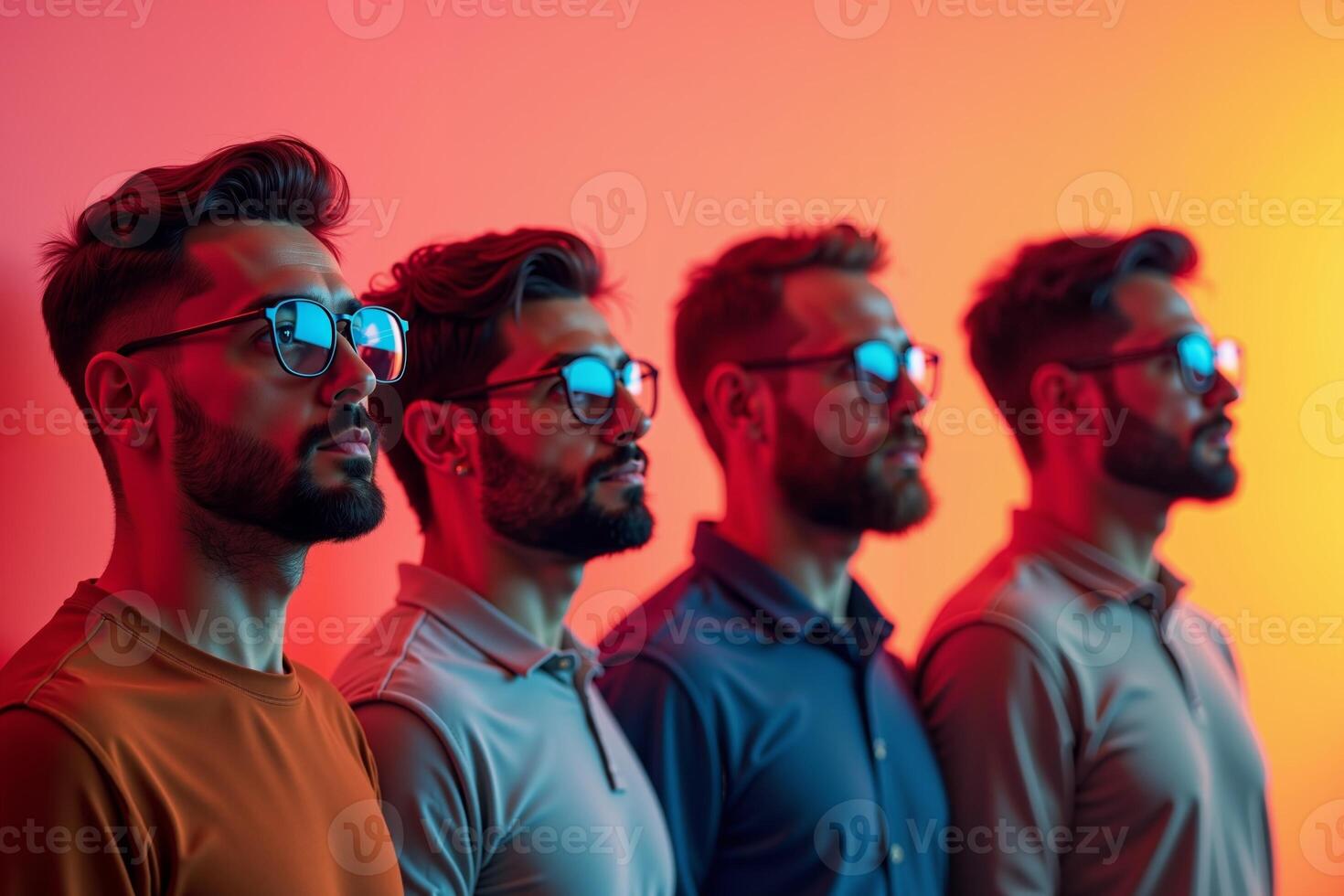 row group of person in glasses standing with gradient orange background, photo