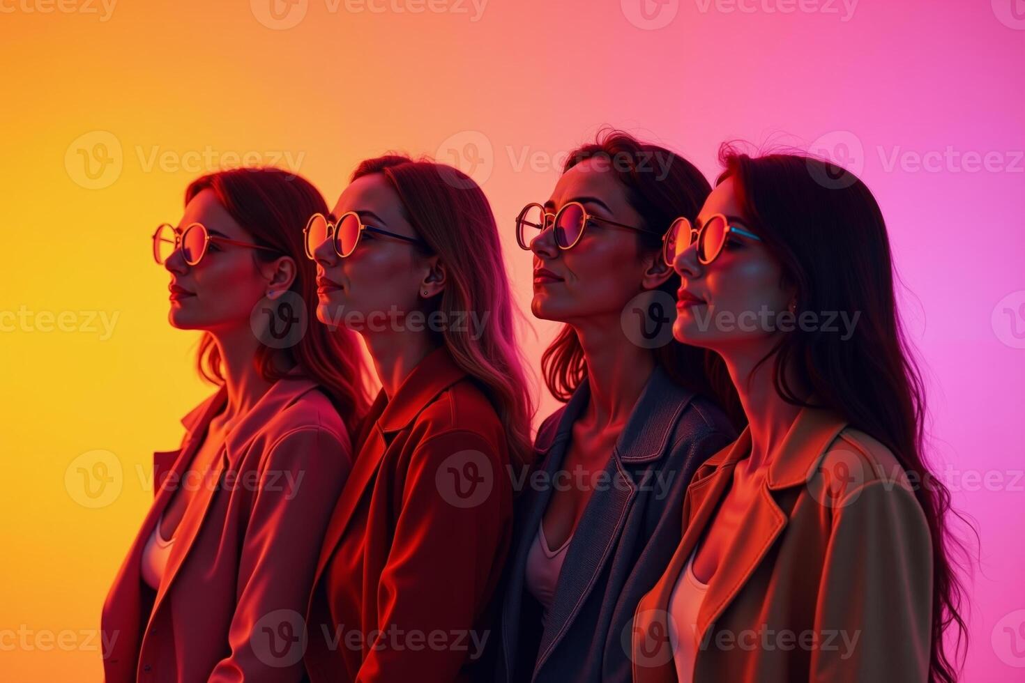 row group of person in glasses standing with gradient orange background, photo