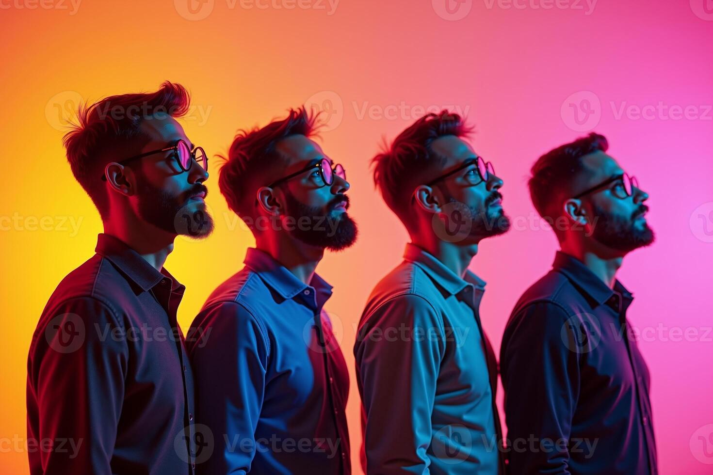 row group of person in glasses standing with gradient orange background, photo