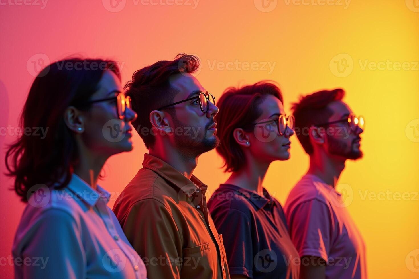 row group of person in glasses standing with gradient orange background, photo