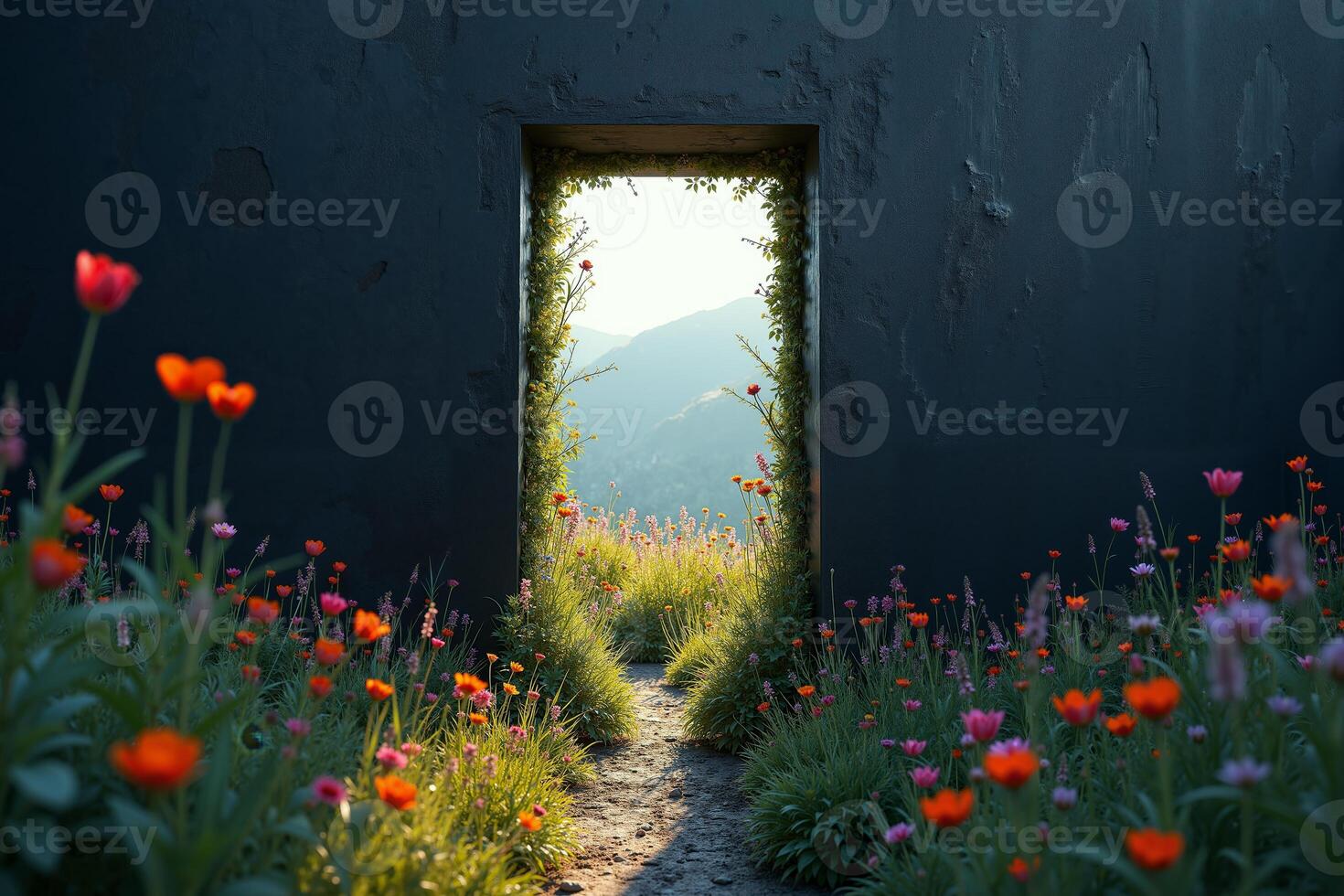small peek view through door with epic nature view, photo