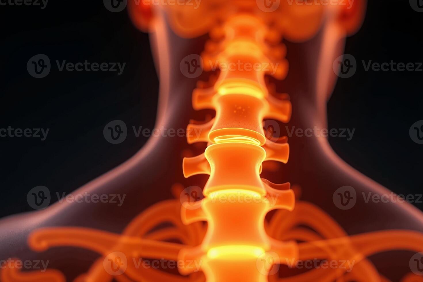 glowing x-ray back spine and neck bones, photo