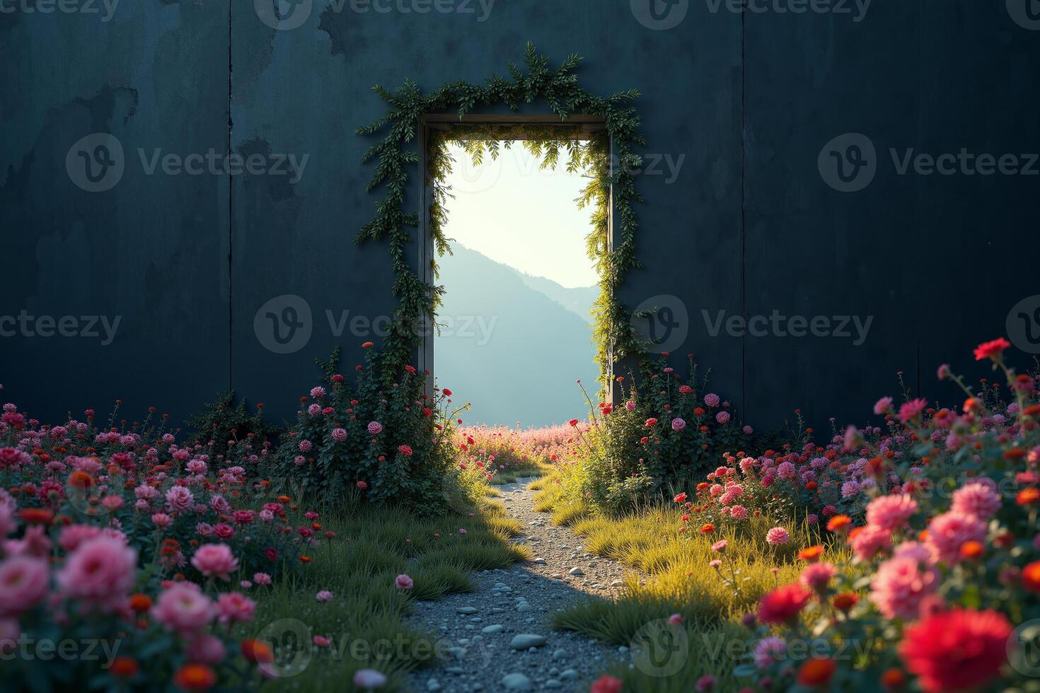small peek view through door with epic nature view, photo