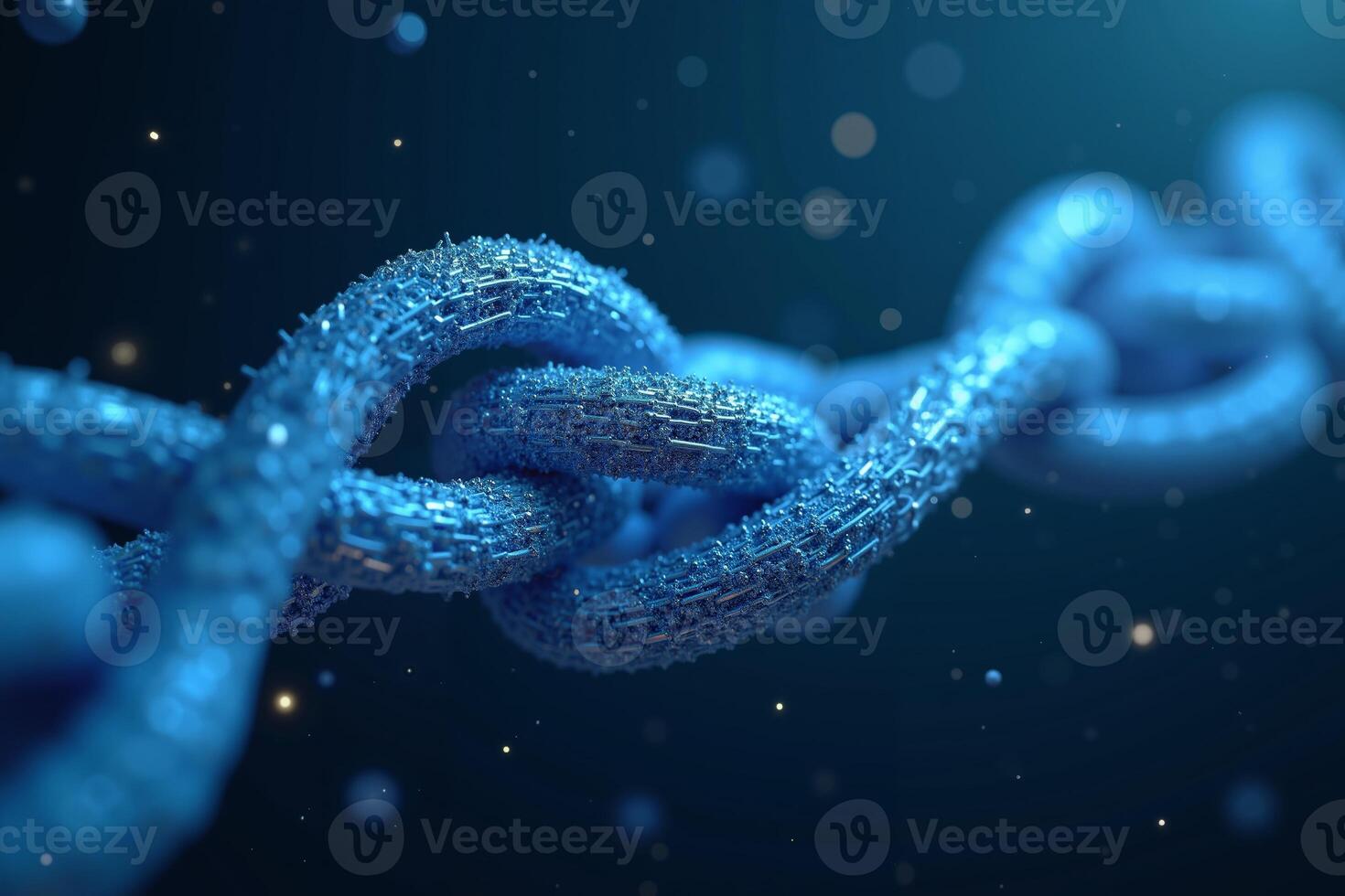futuristic close up view of blue chain and small particles on black background , photo