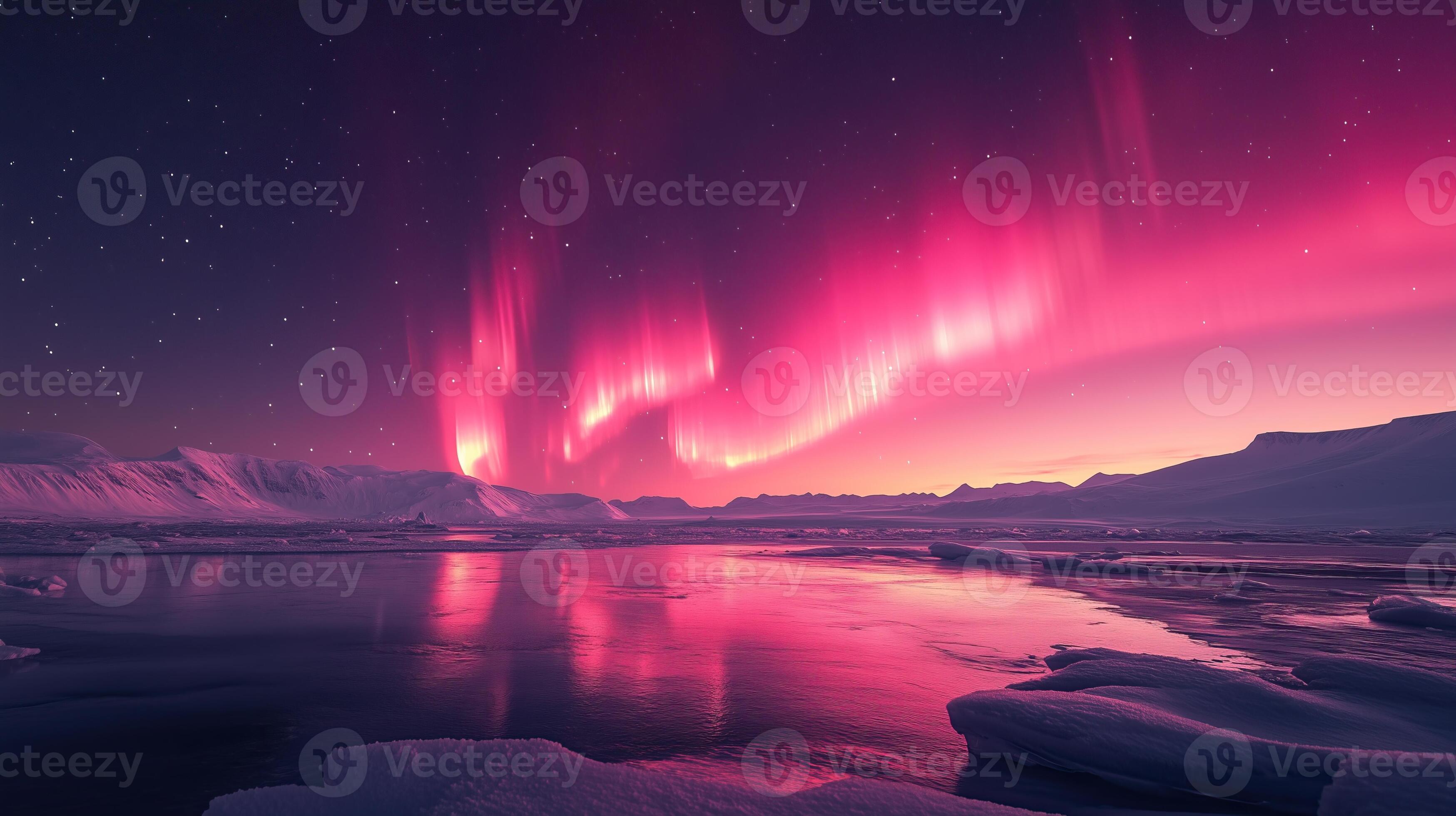 Pink aurora borealis, morthern lights over ice and snow