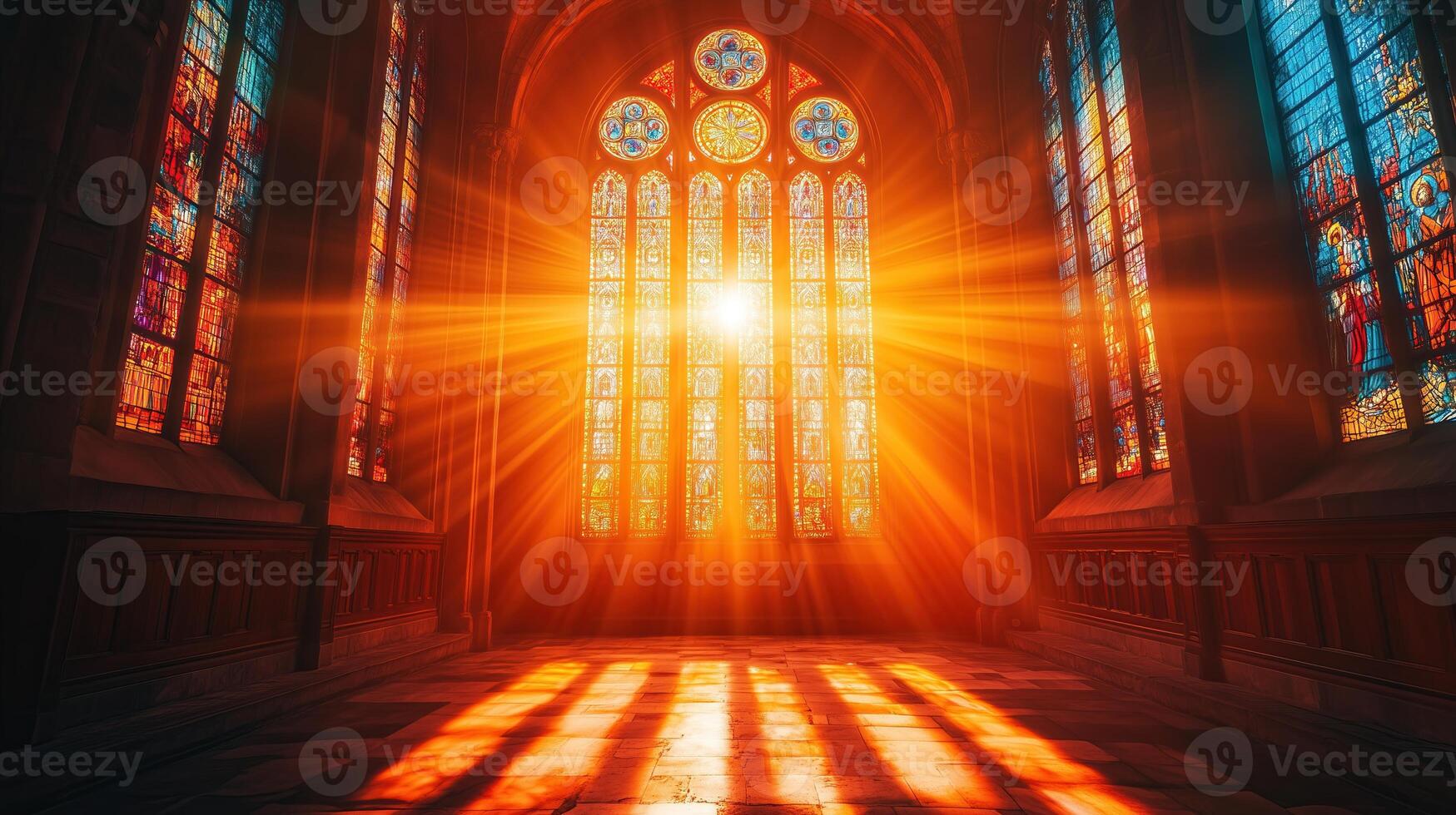 beautiful vibrant stained glass window of the cathedral with piercing rays photo