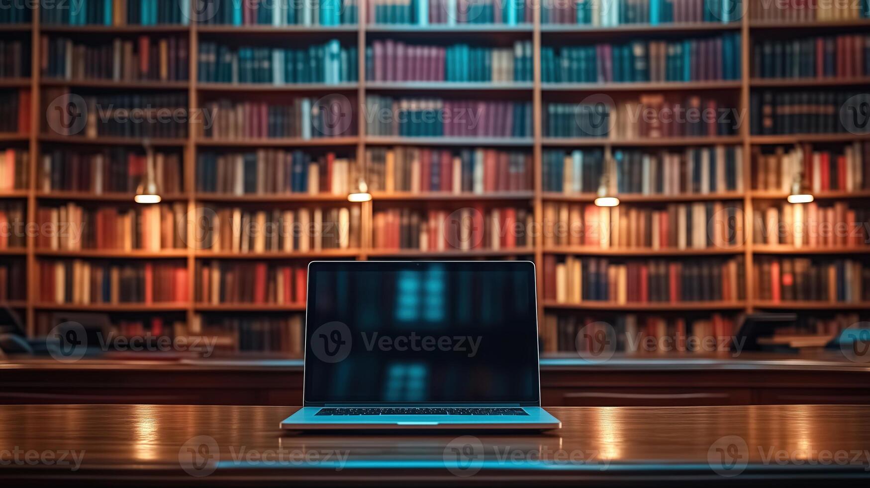 Library desk with books and laptop representing education technology photo
