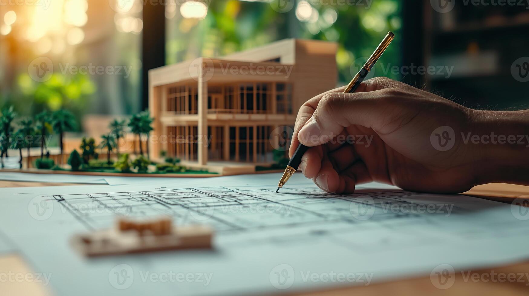 Architect hands write building plan with model house photo