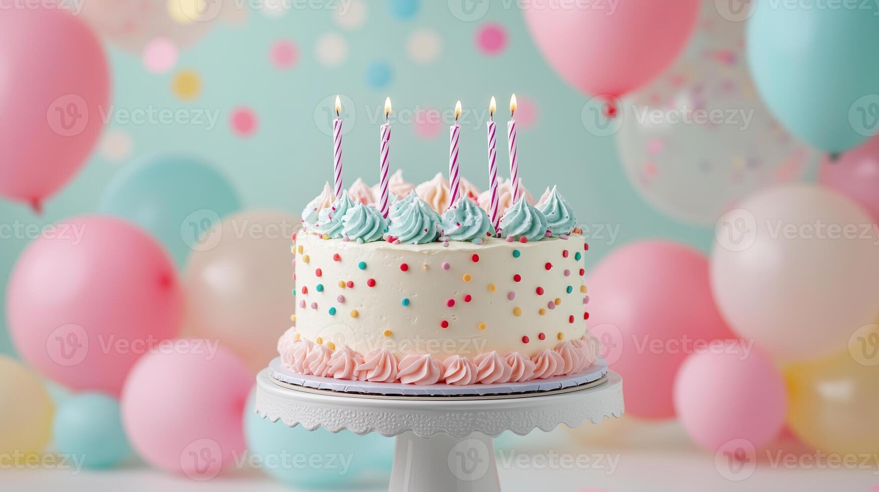 birthday party balloons with confetti and cake on light photo