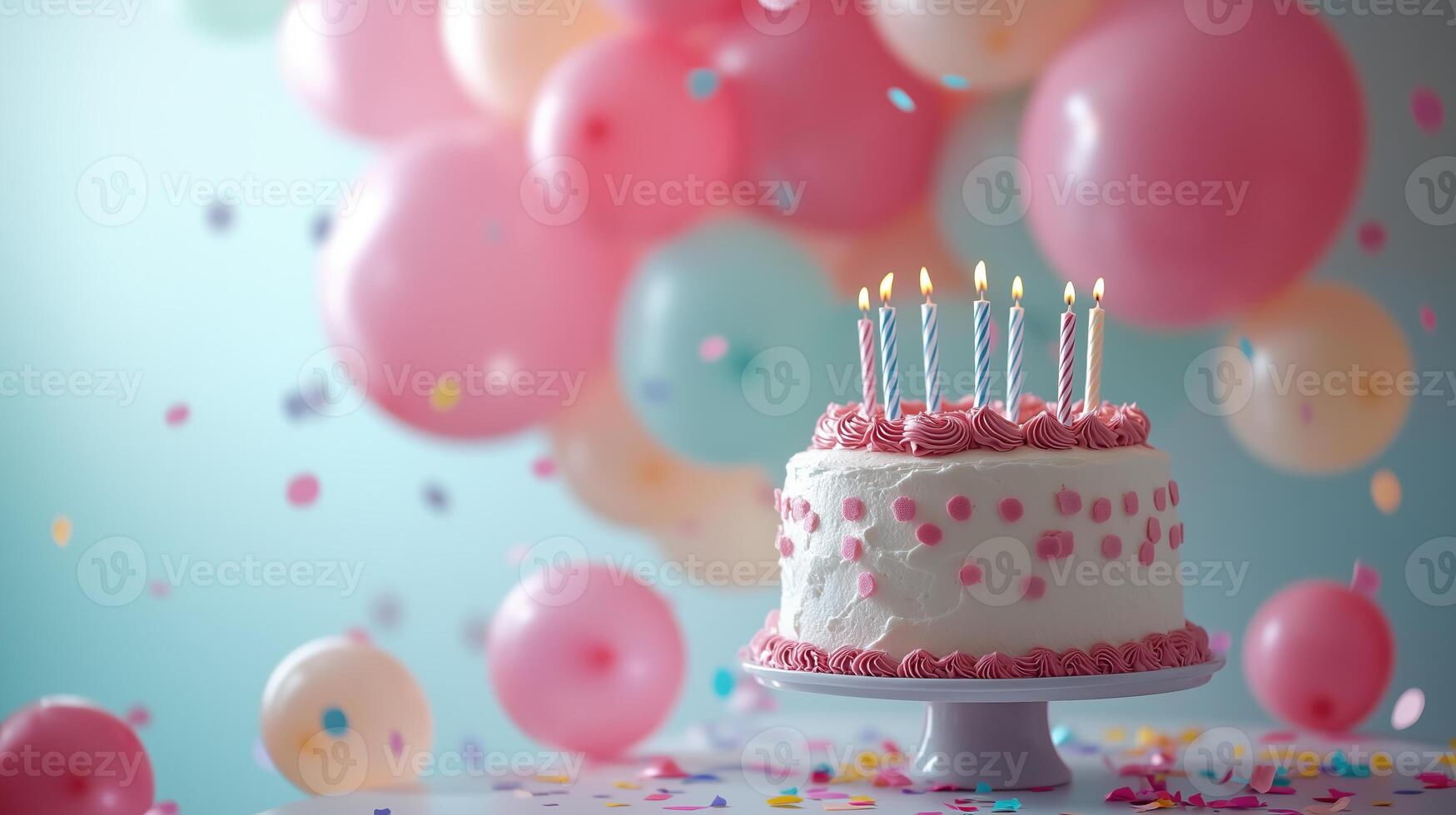 birthday party balloons with confetti and cake on light photo