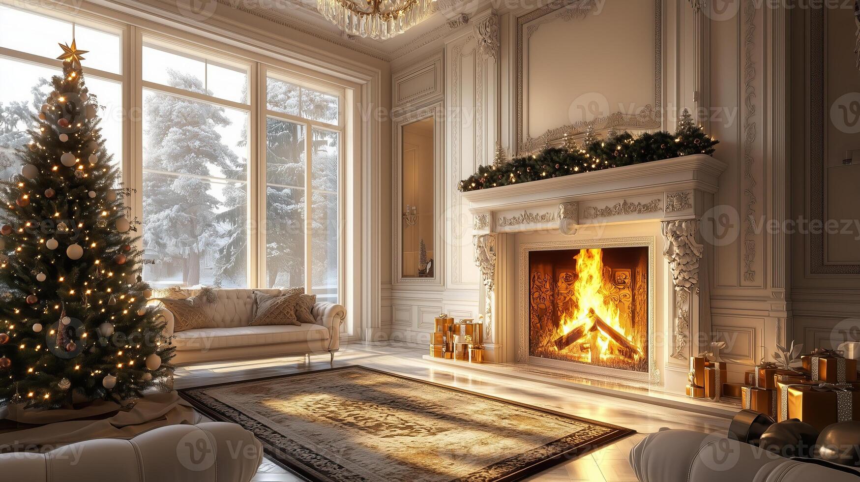 Luxury living room with white fireplace and Christmas decoration. photo