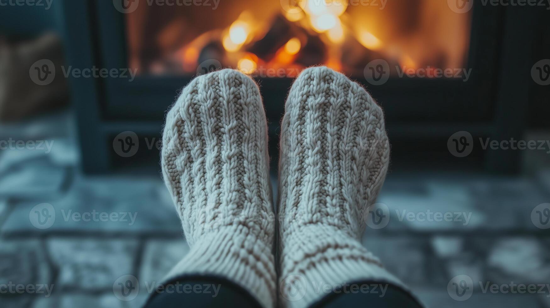 Feet in warm knitted woolen socks on background of modern black fireplace. photo