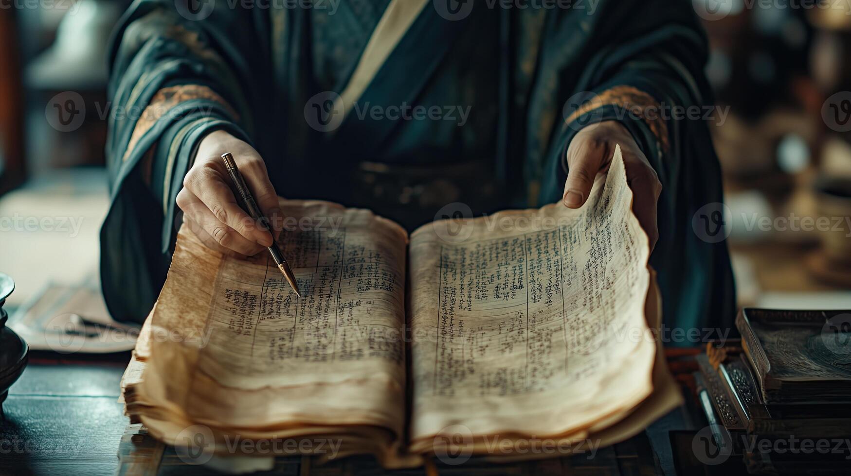 Close up of a Three Kingdoms strategist holding ancient scrolls photo