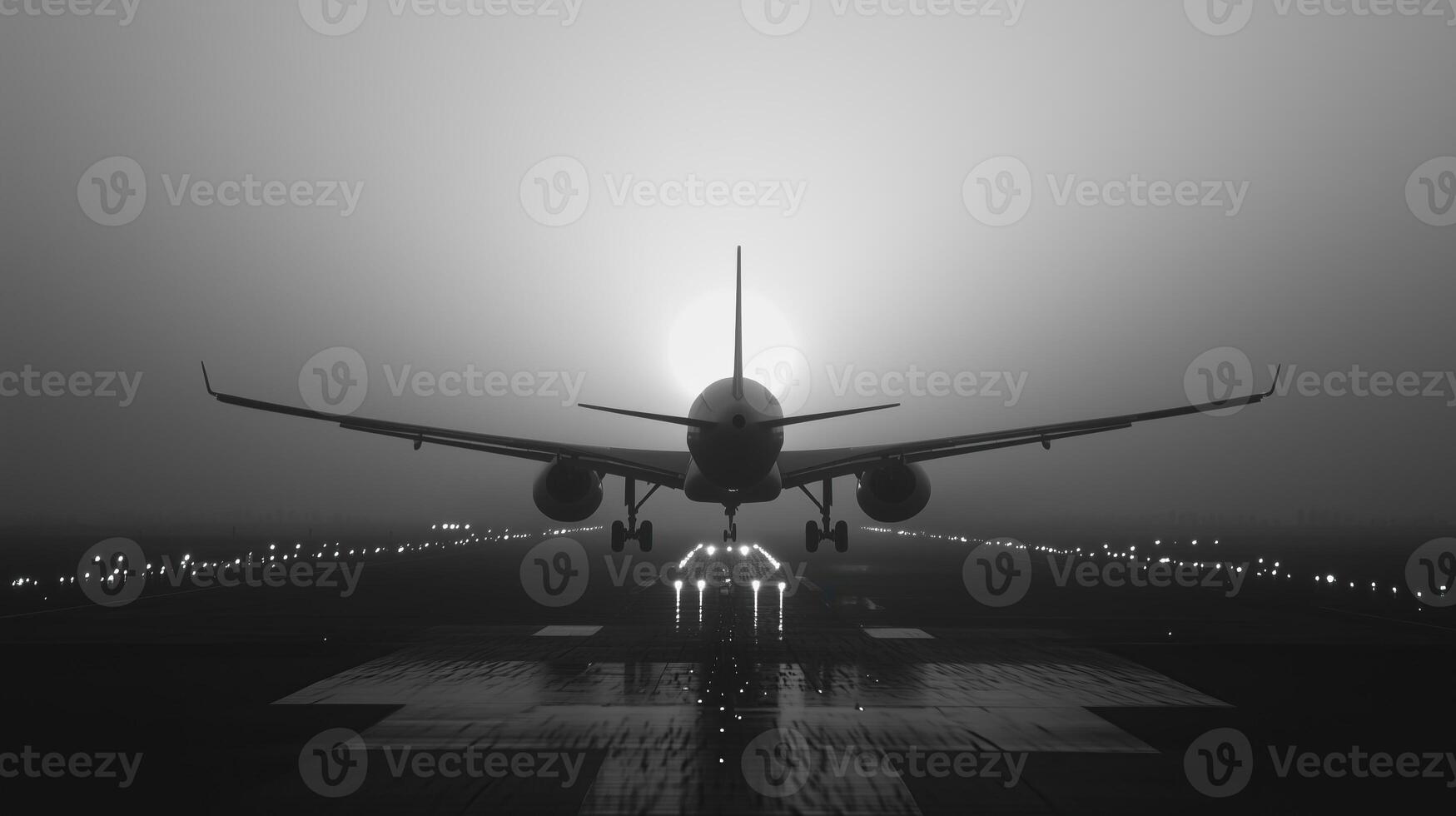 The plane lands on the runway, silhouetted against the horizon photo