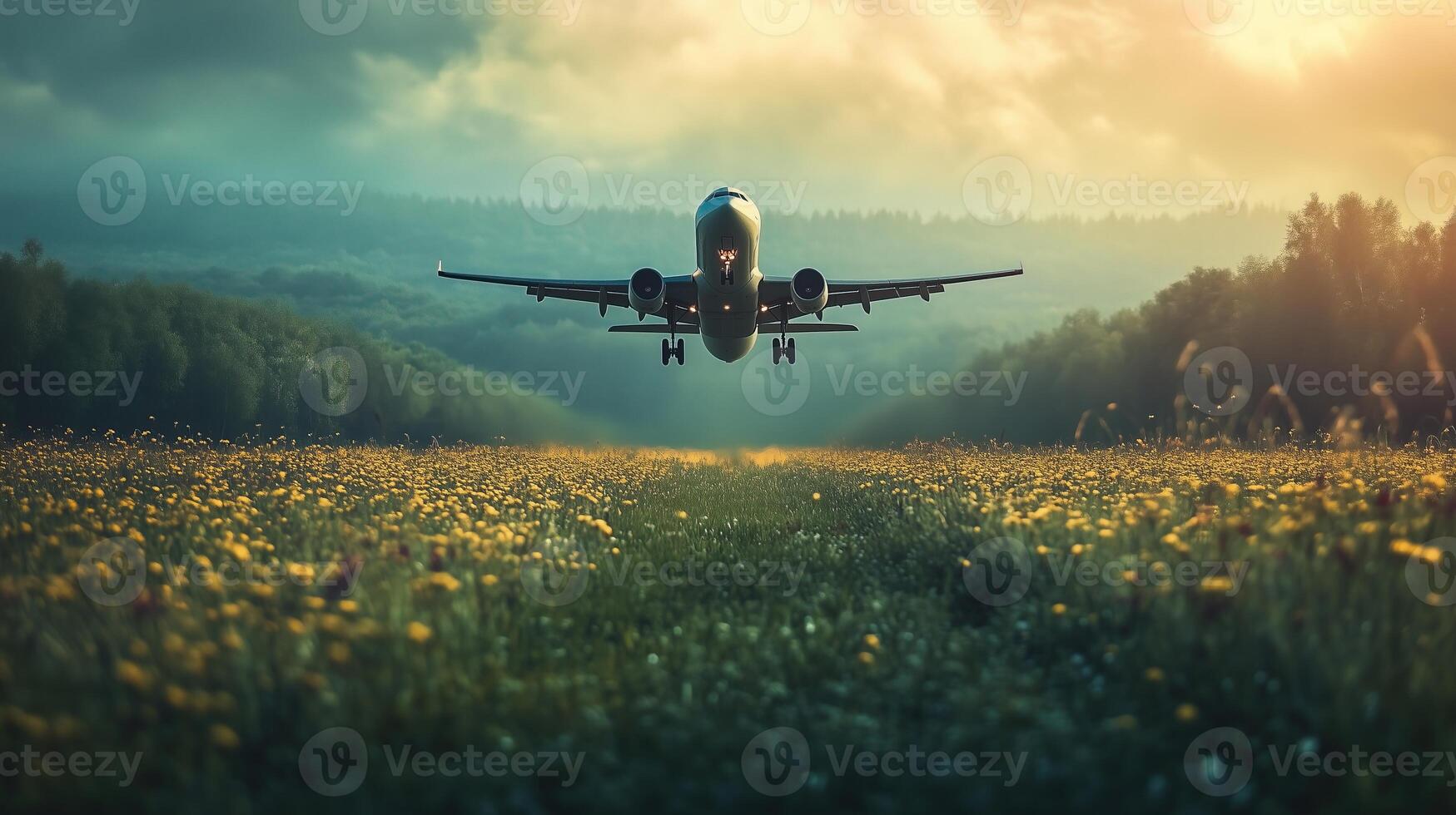 Airplane taking off from grassy field in image photo
